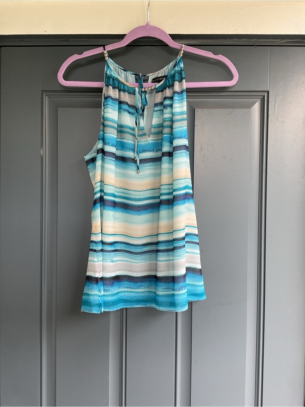 White House Black Market Aqua & Teal Striped Halter Top, Size M